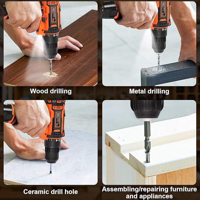 BIHOO Cordless Drill Driver Set 12V,3/8"Keyless Chuck Battery Drill Kit,2 Variable Speed and 43pcs Drills Bits for Home DIY