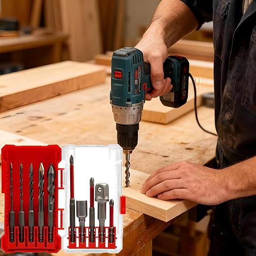 10 Piece Self Centering Drill Bit Set and Screwdriver Head Set with Hex Shank Extension Bars and Hex Shank 1/2" Socket Adapter, Woodworking Drill Bit for Wood and Hinge, Cabinet, DIY Tools Kit