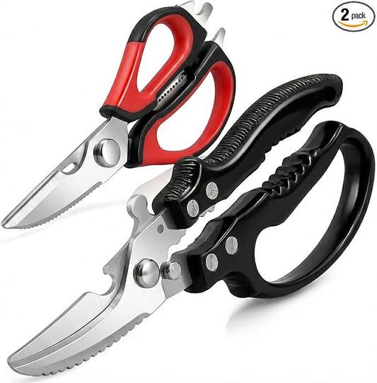 2-Pack Heavy Duty Kitchen Shears - Ultra Sharp All Purpose Food Scissors for Cutting Chicken Bones, Meat & Vegetables, Multi-Function Stainless Steel Cooking Shears (Black & Red)