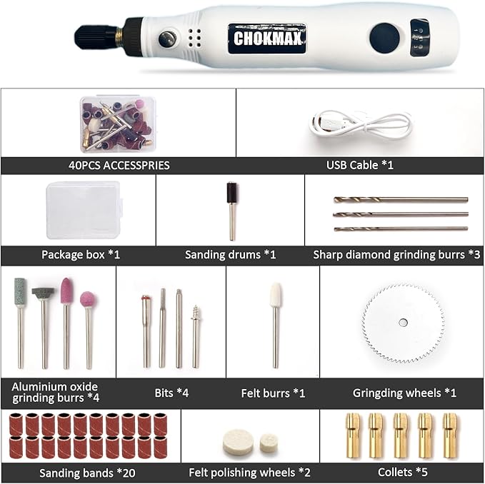 Cordless Rotary Tool, 3.7V Li-ion Mini Rotary Multi-Tool Kit with Variable Speed, 42pcs Accessories Kit Electric Rotary DIY Grinder for Polishing, Cleaning and Engraving White