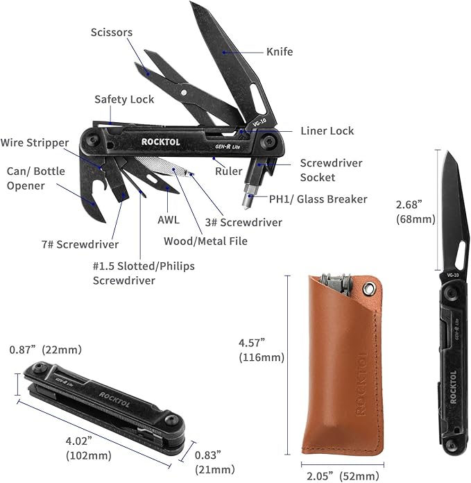 ROCKTOL Multitool Gen-R Lite, Retro Black EDC Pocket Knife VG10 Blade, Compact 15-in-1 Multi-tool with Screwdriver, Large Scissors, Glass Breaker, Leather Sheath, Lightweight for Hiking, Camping