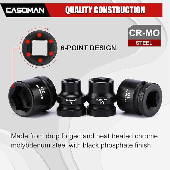 CASOMAN 15PCS 3/8" Drive Stubby Impact Socket Set, Low Profile, 8-22mm, Metric, CR-MO, 6-Point, 15 Pieces Shallow Socket Set for Automotive Maintenance, Repairs and DIY, for Tight Areas