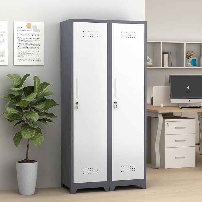 GREATMEET Broom Closet Storage Cabinet, 65'' Slim Metal Single Door Lockable Cleaning Storage Cabinet for Brooms, Mops & Cleaning Supplies, Utility Storage Cabinet for Garage, Laundry Room, White&Grey