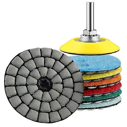 2inch 50mm Diamond Dry Grinding Pad, 7 Different Grit 50#-3000# Sanding Discs & 6mm Round Handle Hook & Loop Backing Holder for Detail Fine Buffing Polishing (8Pcs/Set)