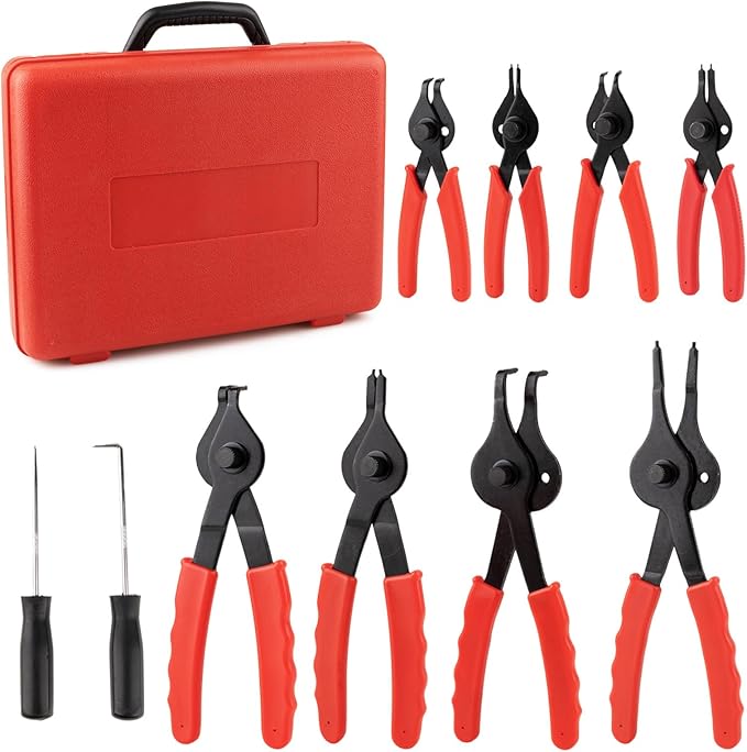 10-Piece Snap Ring Pliers Set, Heavy Duty Internal & External Circlip Pliers Kit with Straight/Bent Tips, Hook, Pick, C-Clip Ring and Circlip Removal Tool for Automotive & Mechanical Repair