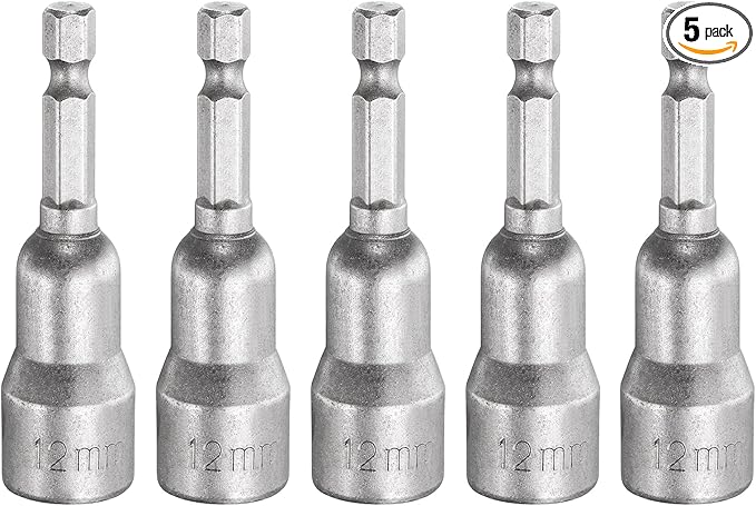 HARFINGTON 5pcs Nut Driver Drill Bit 12mm Metric Socket 1/4" Hex Shank 2.56" (65mm) Long Magnetic 6-Point Sockets Quick Change CR-V Steel Bolt Setters for Power Drill Drivers