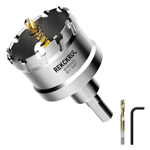 1-3/4" (45mm) TCT Carbide Hole Saw Kit for Metal - Heavy Duty Hole Cutter Drill Bits Set with 2 Titanium/Step Pilot Drill Bits & L-Wrench, Cuts Stainless Steel, Iron, Aluminum, Wood, Plastic
