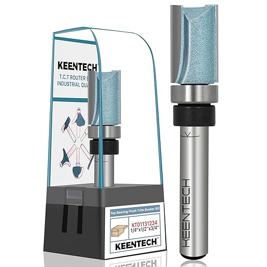 KEENTECH Router Bits 1/4" Shank, Flush Trim Router Bit, Top Bearing Carbide Tipped Pattern Bit, Template Straight Heavy Duty Woodworking Trimming Cutting Tool for Wood, 1/2" Diameter, 3/4" Depth