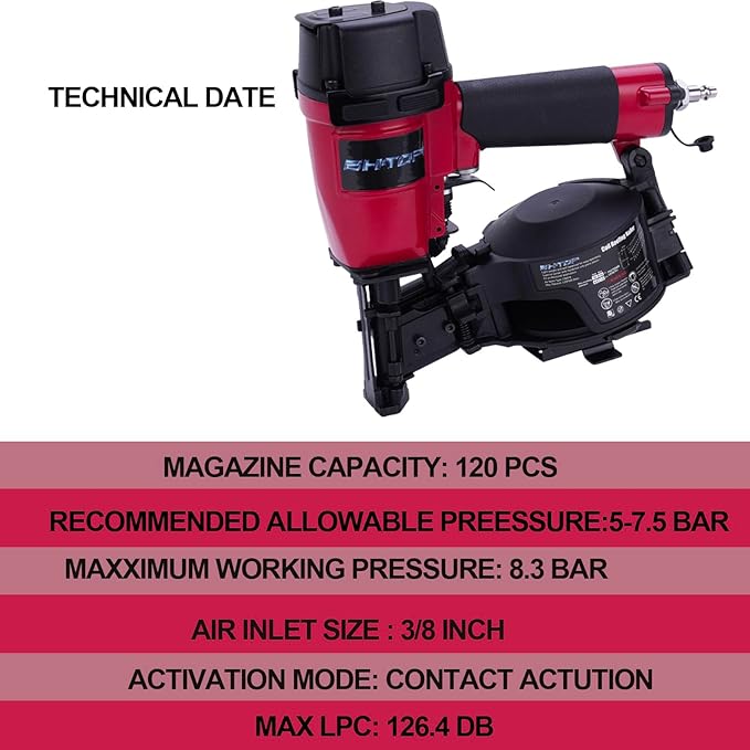 BHTOP CN45N Roofing Nailer, 15 Degree Roofing Nail Gun, 3/4-Inch to 1-3/4-Inch Coil Nails, 120-pcs Load Capacity Coil Nailer in Red