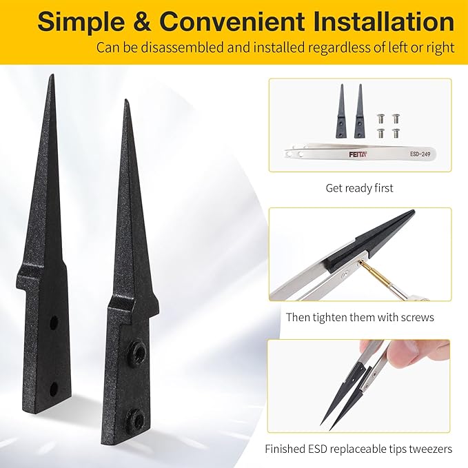 FEITA Anti Static Precision Tweezers ESD-Series Replacement Pointed, Curved & Flat Head, ESD Stainless Steel Twizzers Replaceable Carbon Fiber Plastic Tips With Locking Screws (8Types Each 1Pair)
