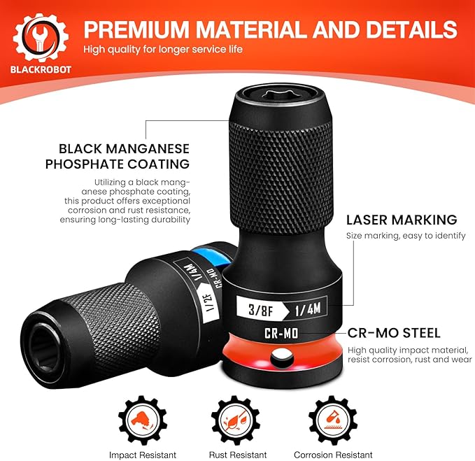 BLACKROBOT 2PCS Quick Release Impact Bit Holders 1/2-Inch & 3/8-Inch Square Drive to 1/4-Inch Hex Socket Adapter, CR-MO Steel
