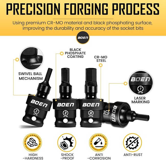 boen 3/8" Drive Universal Hex Bit Socket Set, 7-Piece Metric Impact Swivel Allen Bit Sockets, 360째 Rotation Flexible Wobble Hex Bit Driver Socket Set, With Storage Rail, CR-MO Steel