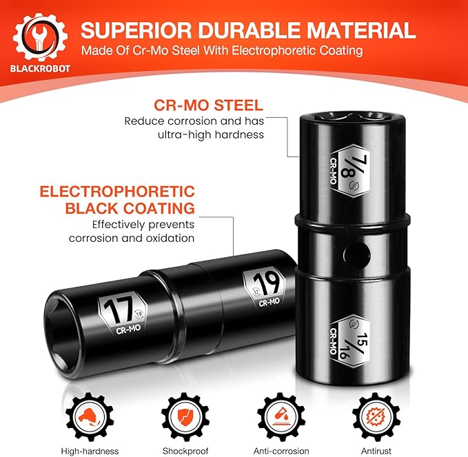 BLACKROBOT 5-Piece 1/2" Drive Lug Nut Impact Socket Set, Include 17mm횞19mm, 21mm횞22mm, 3/4"횞13/16", 7/8"횞15/16" & 3" Extension Bar, Flip Socket Design, Cr-Mo Steel with Electroplated Surface