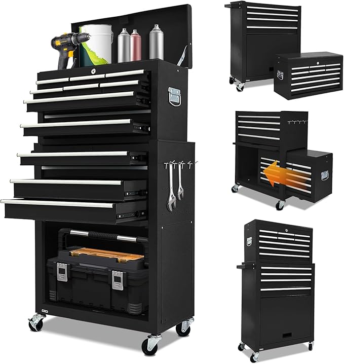 13-Drawer Tool Chest with Toolbox and wheels, Large Detachable Tool box with Sliding Drawers, Mechanic Storage Cabinets, Metal Tool Cart for Garage Workshop (BLACK)