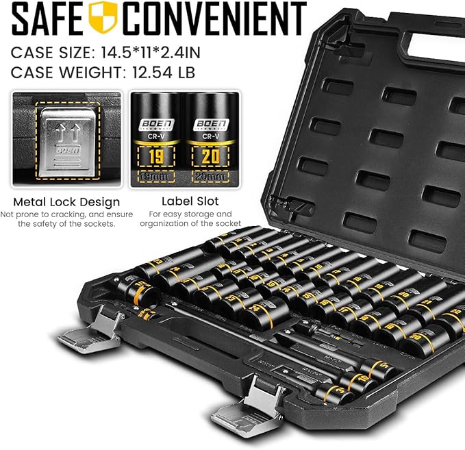 BOEN 1/2" Drive Impact Socket Set, 36-Piece Metric (10-24mm) Deep & Standard Socket with Paint-Filled Markings, Includes Extensions, Adapter & Universal Joint