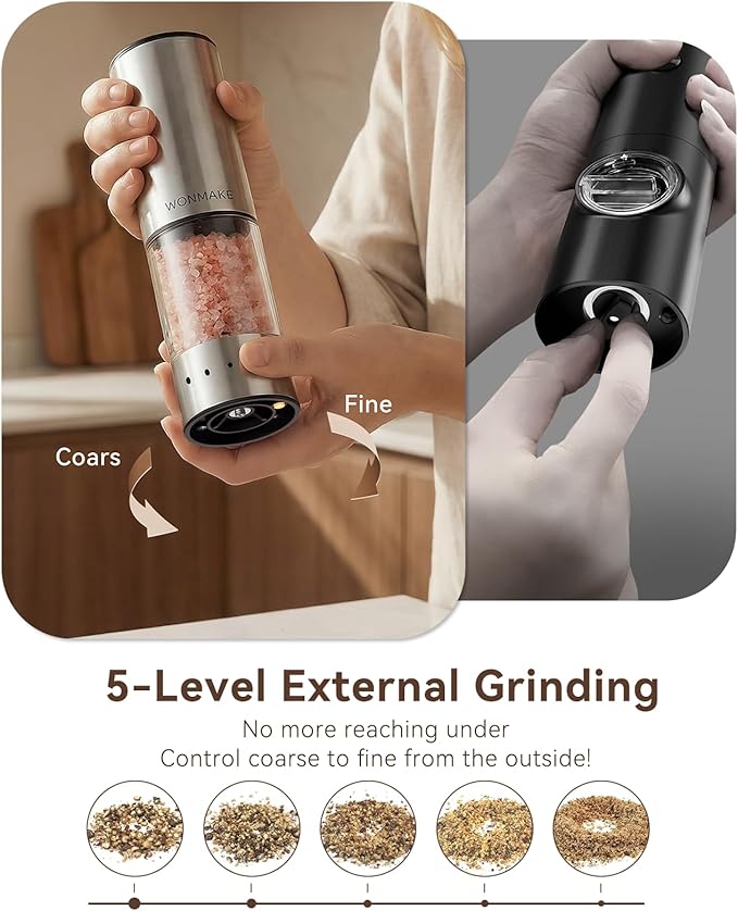 Electric Salt and Pepper Grinder Set, Stainless Steel Salt and Pepper Shakers with Storage Base, Type-C Rechargeable with Power Display, 5 External Coarseness Levels for Easy One-Hand Operation