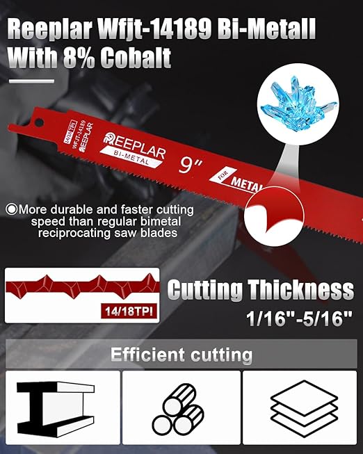 25 Pack 9 inch 14/18 TPI Bi-Metal Auto Dismantling Reciprocating Saw Blades for 1/16-5/16 Medium Metals, 9??18-TPI Sawzall Blade for Metal Cutting 25-Piece