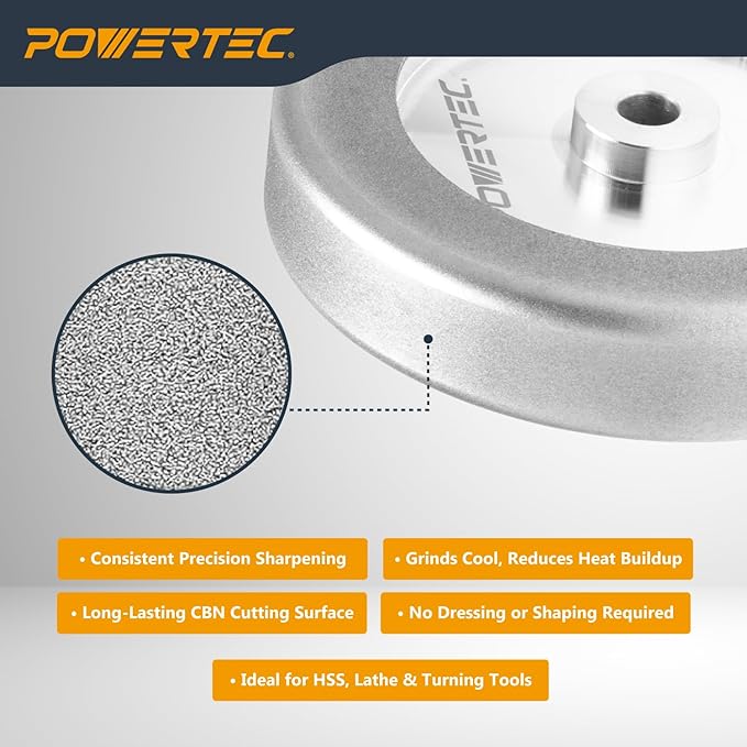 POWERTEC CBN Grinding Wheel 6 Inch 320 Grit, 1-1/4" Wide, 1/2" Arbor ??4-in-1 CBN Sharpening Wheel with 1/4" Radius Edge and Side Face for Bench Grinder (15708)