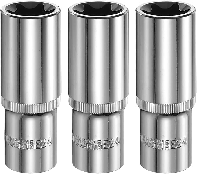HARFINGTON 3pcs E-Torx Socket 1/2" Drive E24 Star Female Socket 3.1" Length External Torx Deep Sleeve Chrome Plating 6 Point Spline Sleeve for Auto Repairs Home Maintenance