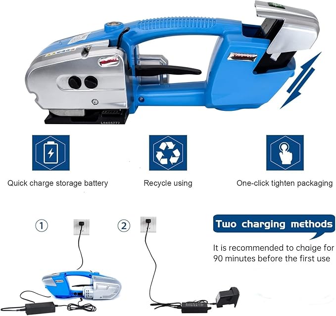 Electric Strapping Machine for 1/2-5/8 Inch Wide PP/PET Strap - Automatic Tool With 4000mAh Two Battery Hot Melting Box Pallet Packaging Baler Powered Banding Tools