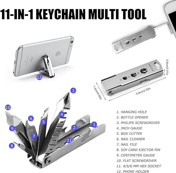 UltraTac Military Grade Multitool Gift Set for Men, Compact Survival Kit for Car Emergency, New Year or Birthday Gift for Man, Pocket EDC Tools for Camping, Hiking & Quick Fixes - Stainless Steel