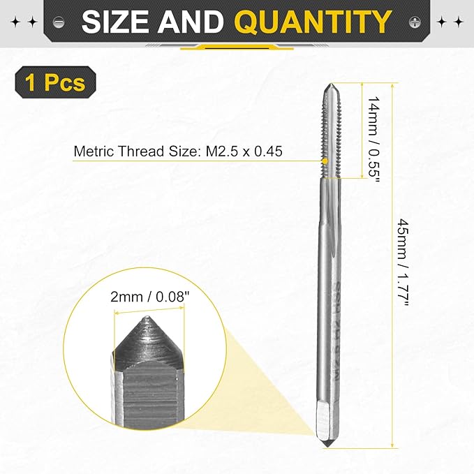 uxcell Hand Plug Tap M2.5 x 0.45 H2 Metric Thread Plug Style Taps Straight Flute Screw Tapping Threading Tool High Speed Steel HSS6542