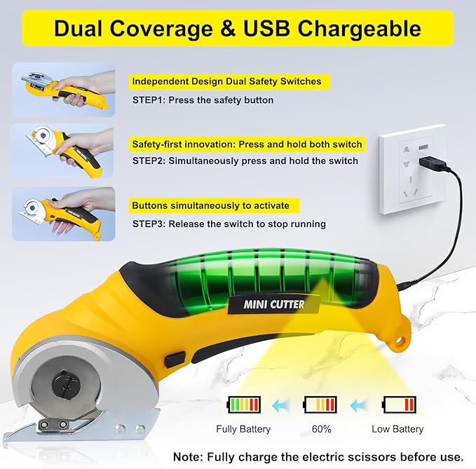 4V Cordless Electric Scissors Carpet Cutter Tool with Rechargeable & Safety Lock, Rotary Blade for Recycling Cutting Leather, Blanket, Gifts for Men Adult Crafter,Lightweight-Yellow
