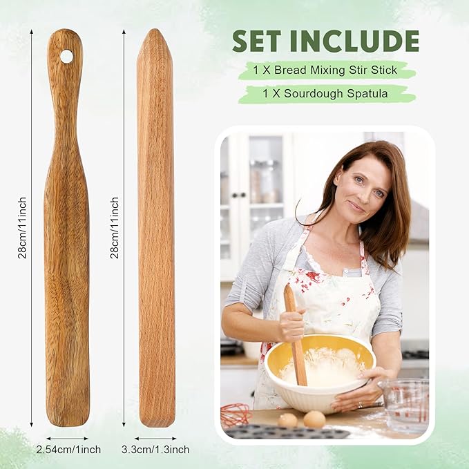 Baderke 11 Inch Wooden Sourdough Bread Mixing Stir and 13 Inch Wooden Spatula Paddle Stirring Stick for Kitchen Cooking Mixing Tool for Sourdough Starter Cookware Pot(Beech Wood)