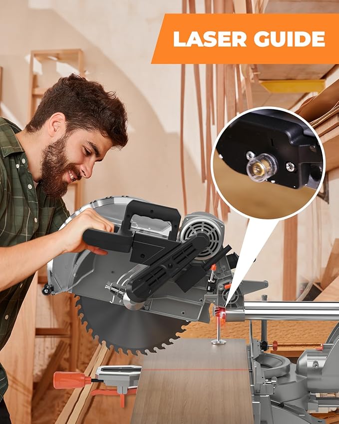 DWT 12-inch Compound Miter Saw with Double Bevel Cutting (-45/0/+45), Laser Guide, 9 Positive Stops, 3800RPM, 15Amp Miter Saw with Extension Table, 4.2x13in Cutting Capacity