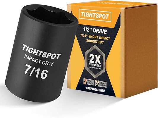 TIGHTSPOT 1/2 Inch Drive 7/16 Inch Shallow Impact Socket with Anti-Rounding 6 Point Design, Heat-Treated CRV Steel