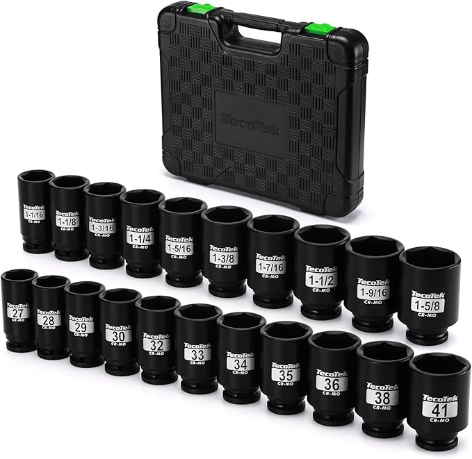 1/2" Drive Deep 6-Point Impact Socket Set, 21-Piece Spindle Axle Nut Impact Socket Set, CR-MO, SAE (1-1/16-Inch to 1-5/8-Inch) and Metric (27mm to 41mm)