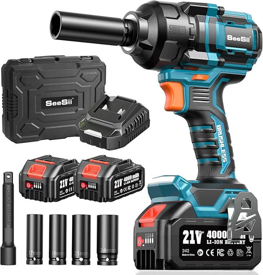 Seesii Impact Wrench 886 Ft-lbs(1200N.m), 1/2 High Torque Impact Gun with 21V 2x4.0Ah Battery, Electric Impact Driver, 2900IPM, 5 Socket, Cordless Impact Wrench for Home Car/Mower/Pickup/Truck RV