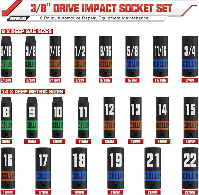50 Piece 3/8" Drive Impact Socket Set, SAE (5/16?쇺?3/4?쇺? and Metric (8-22mm) Socket Kit, Extension bar & Adapter, 6 Point, Automotive Repair, Equipment Maintenance