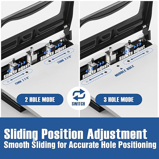 XOOL 3 Hole Punch, Heavy Duty Metal Hole Puncher for 2 or 3 Holes, 9/32" 7mm Hole Diameter, 40-Sheet Capacity, Adjustable Hole Spacing, Non-Slip Base for Office & School