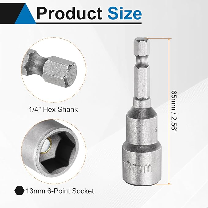 HARFINGTON Nut Driver Drill Bit 13mm Metric Socket 1/4" Hex Shank 2.56" (65mm) Long Magnetic 6-Point Sockets Quick Change CR-V Steel Bolt Setters for Power Drill Drivers