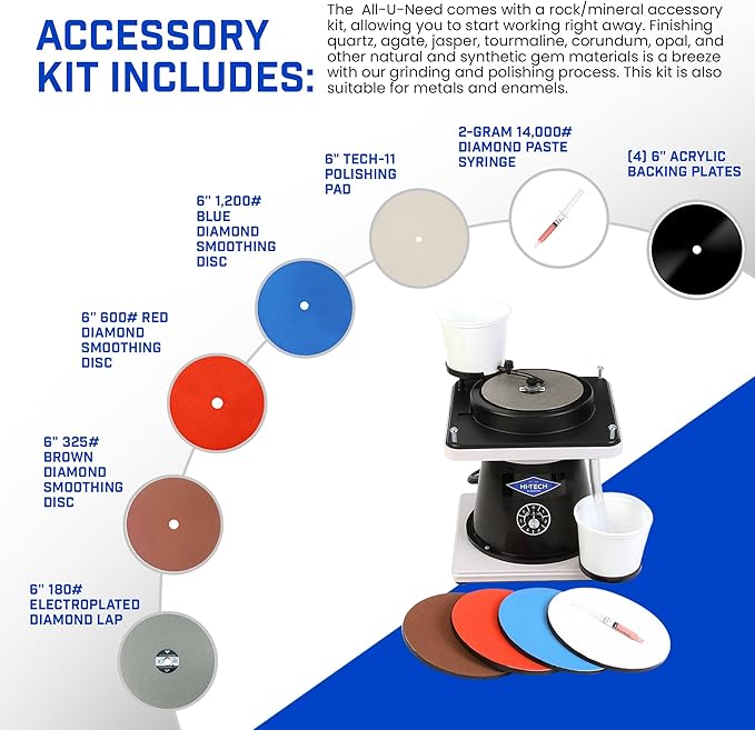 Hi-Tech Diamond 6" All-U-Need Lapidary Equipment, Flat Lap - Grinder Tool & Rock Polisher, Variable Speed Motor, Includes Rock Polishing Kit for Stones, Minerals, and Gem Shaping