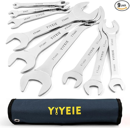 YIYEIE 9Pc. Super-Thin Open End Wrench Set, Metric 5.5, 7, 8, 9, 10, 11, 12, 13, 14, 15, 16, 17, 19, 21, 22, 23, 24, 27 mm, CR-V Steel, Ultra-Slim Flat Wrench Set with Roll-up Pouch