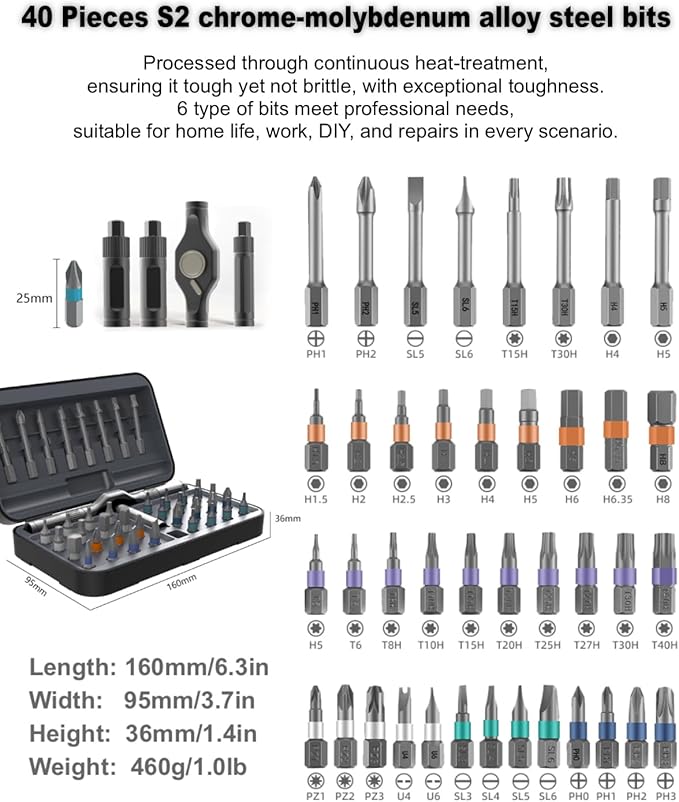 Upgraded Allen, Torx & Slotted Ratchet Screwdriver Set with Size-Marked Magnetic Bits | Easy to Identify and Store, Multi-Bit T-Handle Driver Kit for DIY & Home Repair, 40-in-1