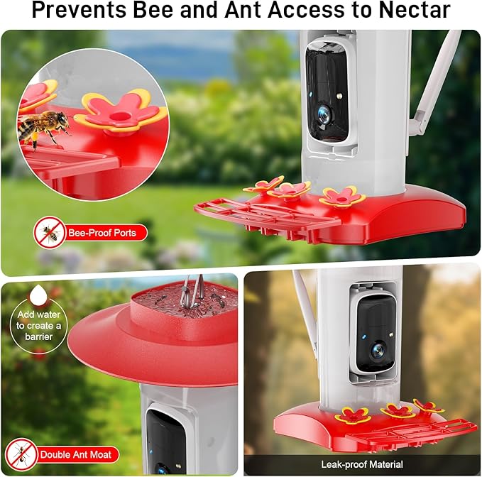 Hummingbird Feeder with Camera Outdoor, SV3C Hanging Bird Feeder with Ant Moat & Bee-Proof, HD 2K Solar Powered, AI Bird Identify, Instant App Alerts, Auto Capture, Hummingbird Lover Gifts, 21oz, Red