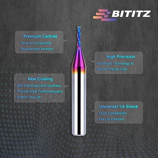 Downcut Spiral Router Bit 1/4 Inch Shank 1/16 Inch Cutting Diameter 1/4 inch Cutting Length with Extra Long Life Coating CNC Router Bits End Mill for Wood Cutting, Slot Mortise, Engraving