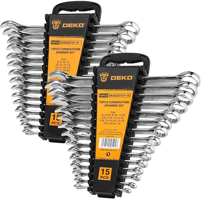 DEKOPRO Combination Wrench Set, SAE&Metric, 30-piece, 1/4'' to 1'' & 8-22mm, 12-Point, Chrome Vanadium Steel, with Plastic Tray