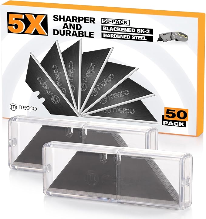 50-Pack Utility Knife Blades, Blackened SK-2 Razor Blades for Box Cutter Utility Knife, Never Rust Design, Extra Durable