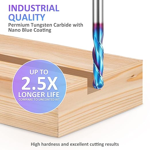 HQMaster Ball Nose Router Bit Upcut 1/4 Inch Shank Solid Carbide CNC Router Bit with Nano Blue Coating CNC Bits End Mill for Woodwork Mortise Slot Trim