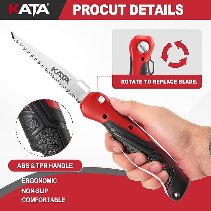 KATA Folding Hand Saw for Crafts - 2-In-1 Compact Drywall Cutter Hacksaw Tool with Quick Change Bi-Metal Blade - Small Job Saw, DIY HandSaw for Cutting Metel, Wood, PVC, Sheetrock, Plywood, Model