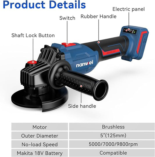 NANWEI 4-1/2" Angle Grinder Tool Cordless Brushless,3 Variable Speed Angle Grinder竊?Pcs 4.0Ah 20V Batteries竊똌ax 9800rmp竊?Pcs Cutting Discs For Cutting Grinding Polishing (5" - Battery Set)