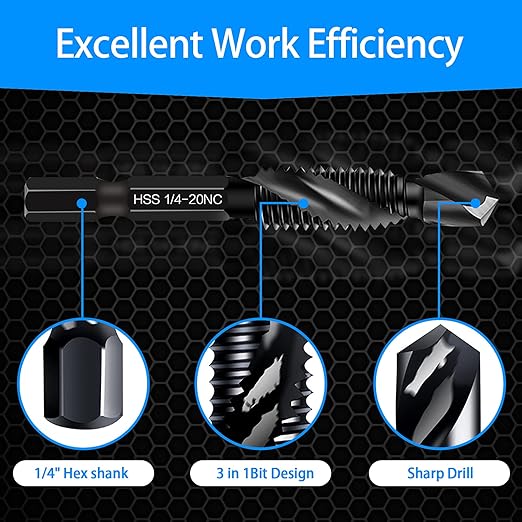 6-Piece 1/4-20NC Combination Drill Tap Bit Set SAE, Made of High-Speed Steel with Anti-Rust Blackened Coating, Ideal for Soft Metal, Wood & Plastic, 1/4??UNC-20 Thread Size, 1/4??Hex Shank
