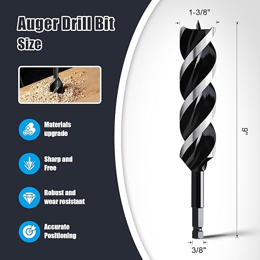 1-3/8" x 9" Auger Drill Bit for Wood, Hex Shank Tri Flute Ship Auger Long Drill Bit for Soft and Hard Wood,Tree Stump,Plastic,Drywall and Composite Materials
