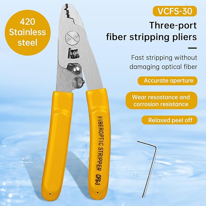 CFS-30 Fiber Optic Stripper Tool, 3-Hole Adjustable Stainless Steel Fiber Stripper for FTTH/FTTX, Precisely Strips 125關m/250關m Fiber & 2-3mm Jacket (1-Pack)