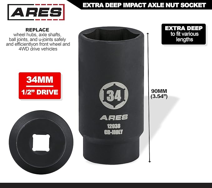 ARES 12038-34MM Axle Nut Socket - 6 Point Socket - Extra Deep 1/2-Inch Drive Impact Socket for Easy Removal of Axle Shaft Nuts