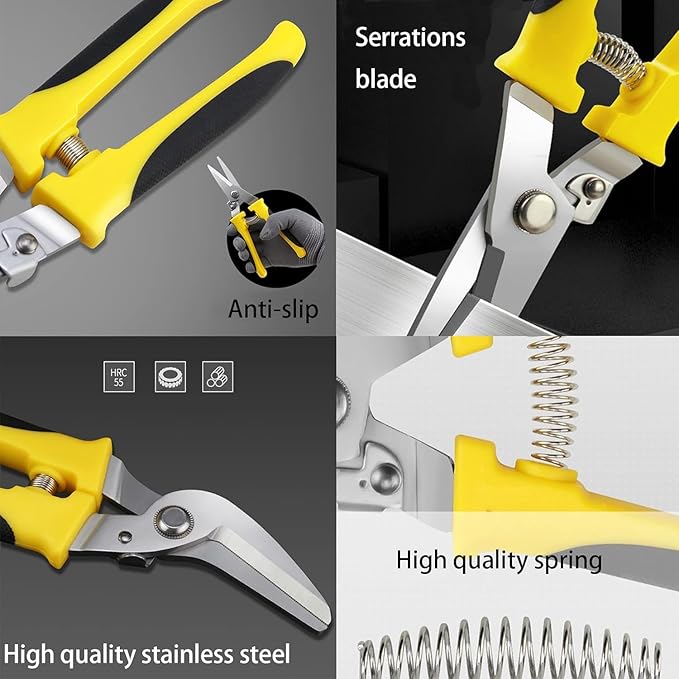 Tin Snips 8 Inch Heavy Duty Scissors Metal shears with Stainless Steel Curve-Blade Comfort Grips, Multifunction Cutting of Branches, Thin Iron, Cardboads
